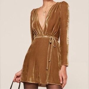 Reformation Gold Velvet Long Sleeve Dress
